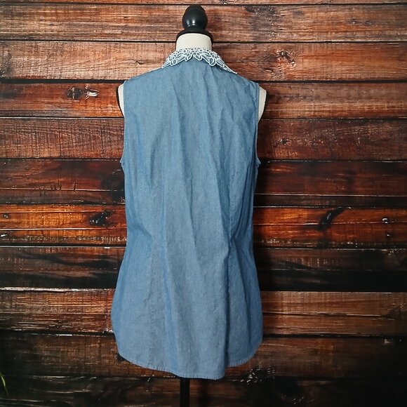 Pendleton Tank Top L Crochet Collar Blue Chambray Denim Button Front 100% Cotton - Picture 5 of 10